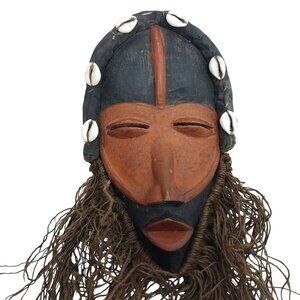 Vtg African Wall Mask Dan Tribal Art Hand Carved Beard Cowrie Shell Wood Decor
